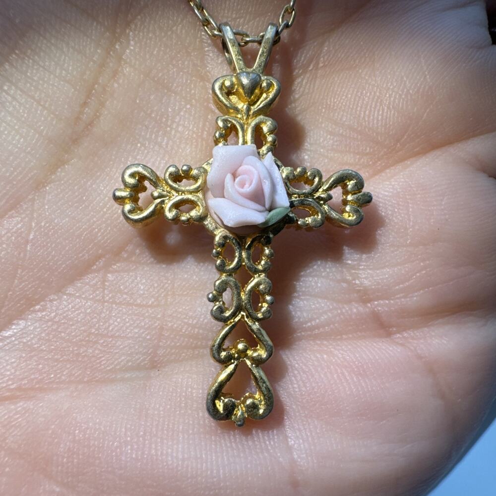 Genuine Porcelain Rose Cross Necklace Vintage Avon
